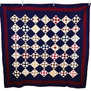 Antique 1880s Indigo Blue Quilt Double Nine Patch on Point Calico Americana